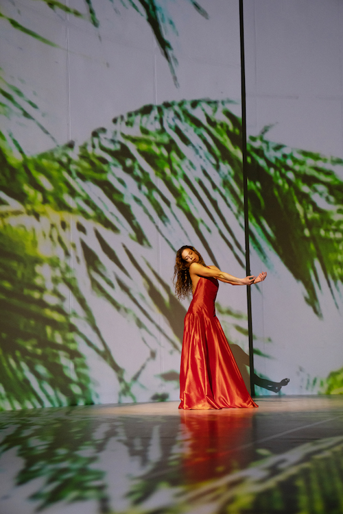 a beautiful woman with flowing long brown hear stands dreamily against a gigantic projection of green palm tree fronds.She wears ared silk halter gown stretching her arms long in front of her.